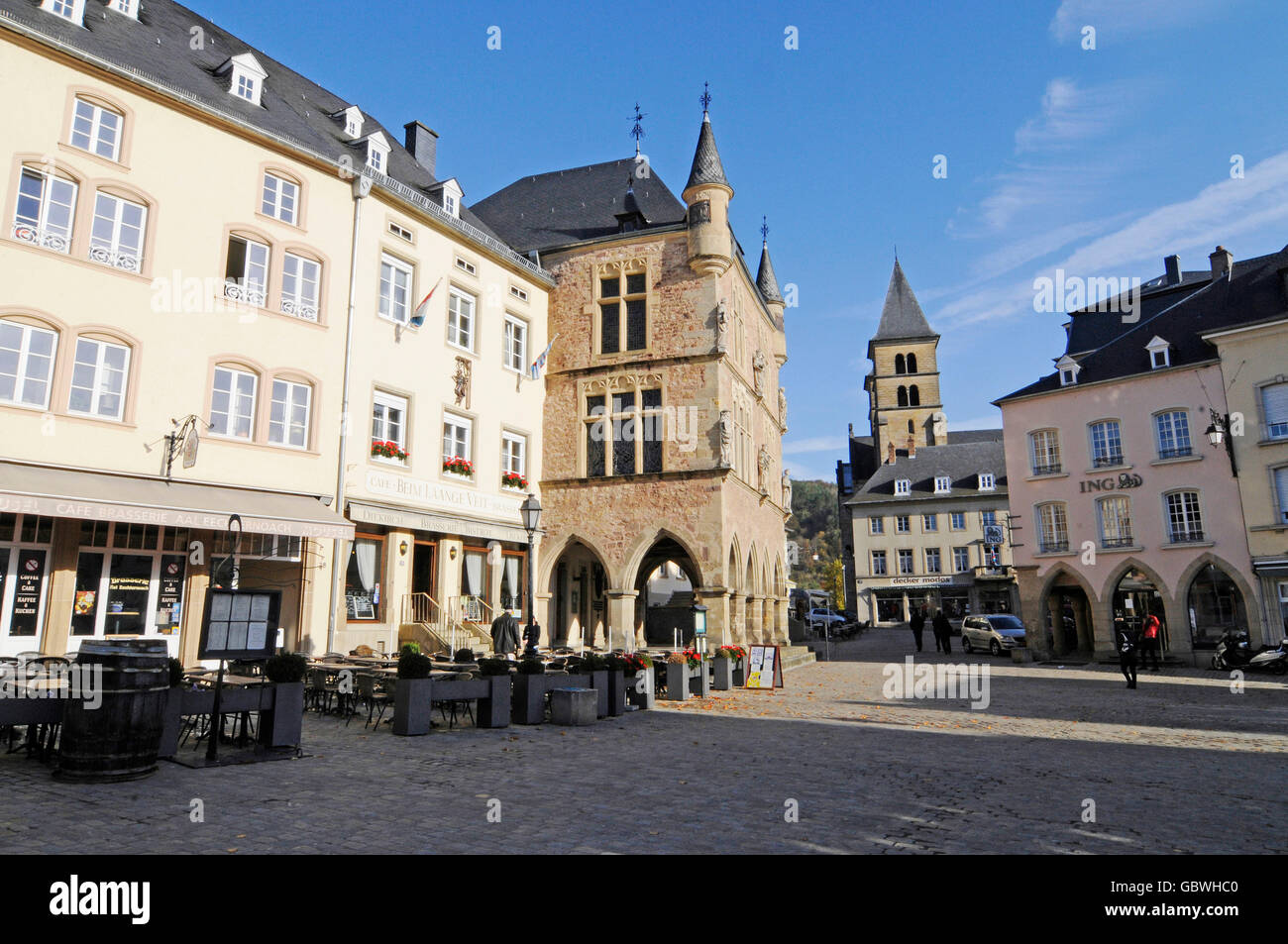 Dingstuhl or Denzelt, former courthouse, market square, basilica, Echternach, Luxembourg Stock Photo