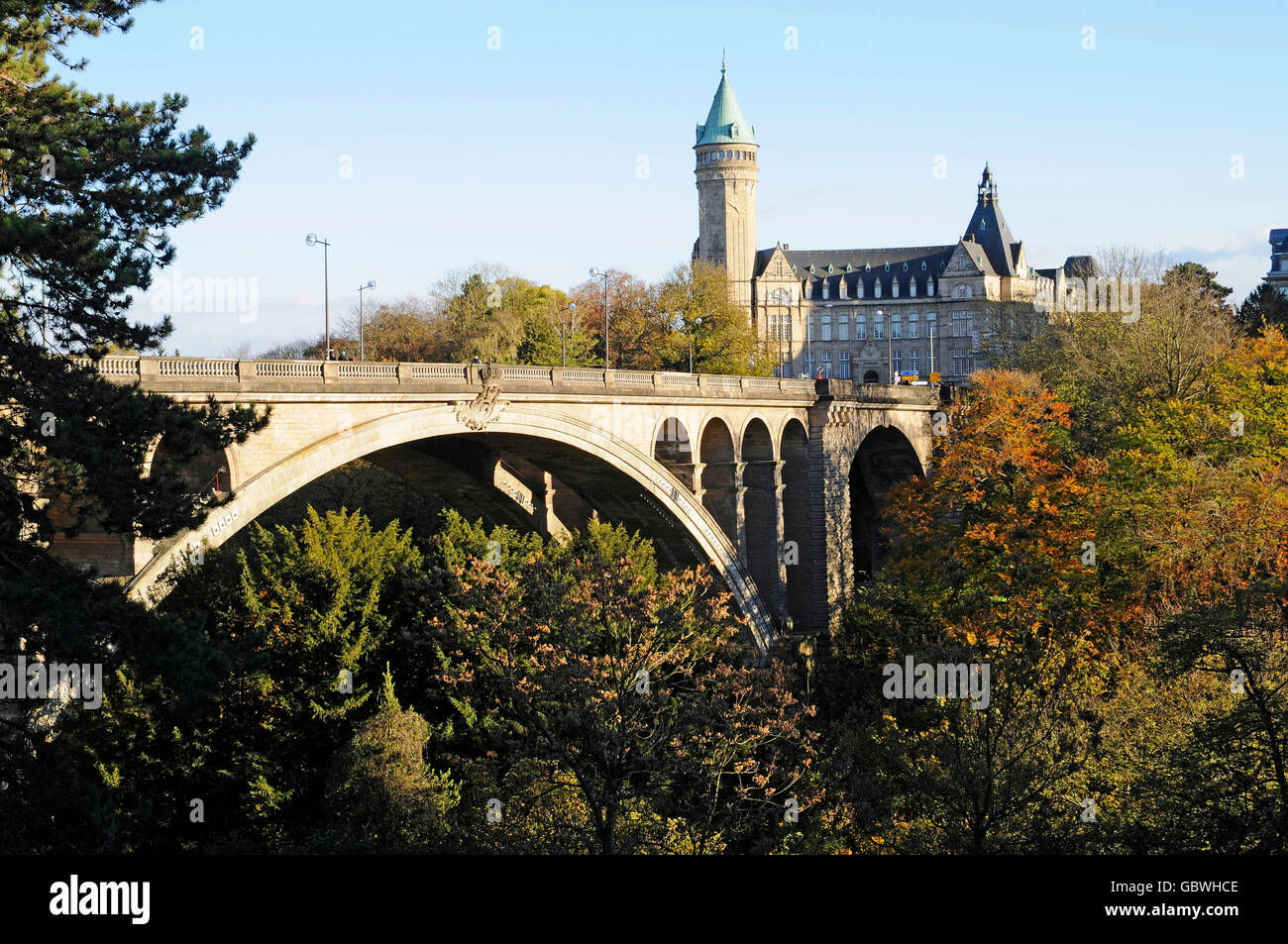 Adolphe bridge, Petrusse Valley, Petruss, Luxembourg city, Luxembourg Stock Photo