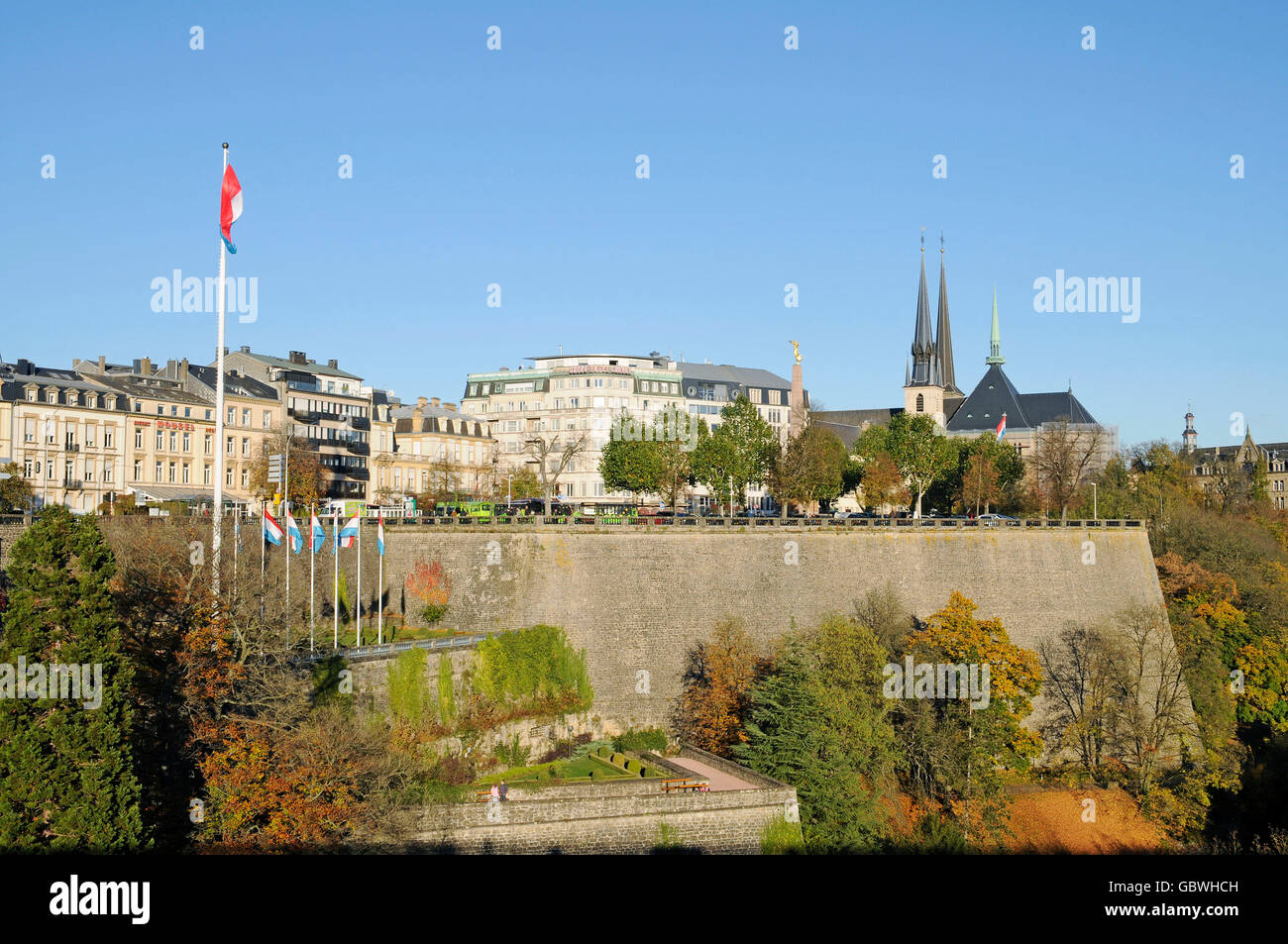 Petrusse Valley, Petruss, Place de Constitution, cathedral Notre Dame, Luxembourg city, Luxembourg Stock Photo
