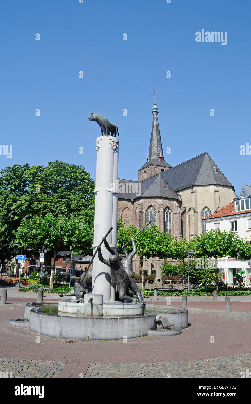 Dragon's Fountain, St Mary Magdalene Church, market square, Geldern, Lower Rhine region, North Rhine-Westphalia, Germany Stock Photo