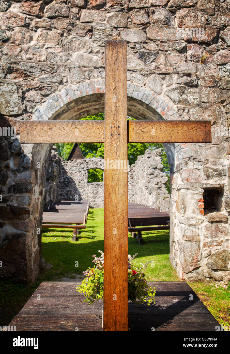 Image of the outdoor altar at Rya church ruin, Sweden. Stock Photo