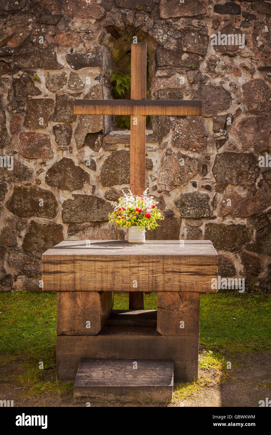 Image of the outdoor altar of Rya church ruin, Sweden. Stock Photo
