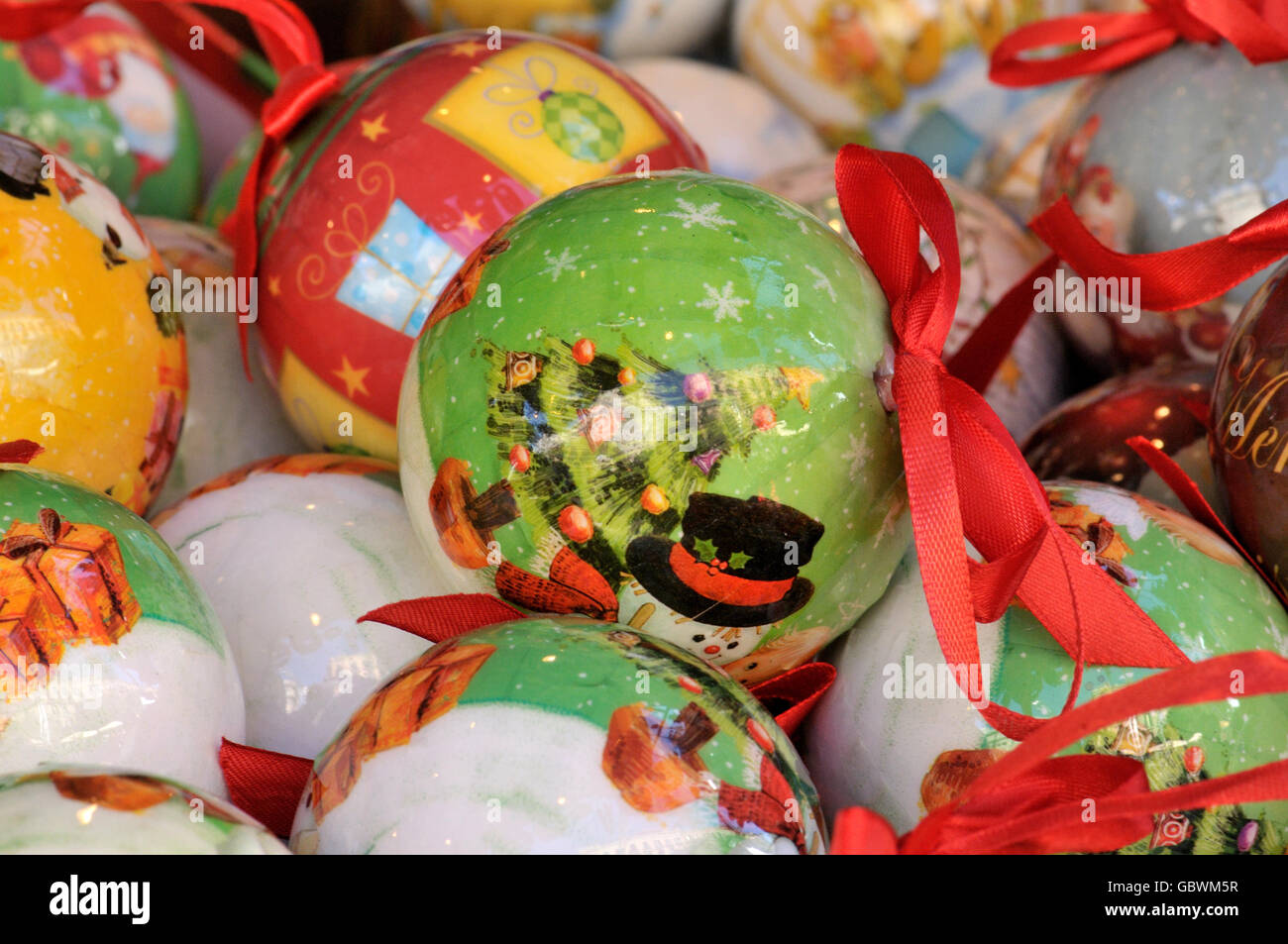 Christmas balls for sale at Santa Llúcia Christmas market, Barcelona ...