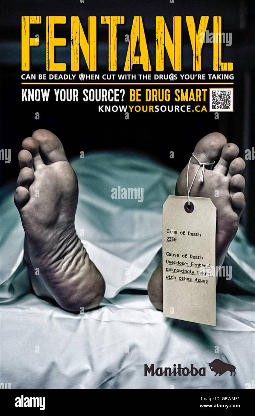 'FENTANYL can be deadly when cut with the drugs you’re taking – Know Your Source? Be Drug Smart' public information campaign poster from Canada released in June 2016 designed to raise awareness of fentanyl, a powerful synthetic opioid responsible for over 500 overdose deaths in Canada in 2015-16 alone. See description for more information. Stock Photo