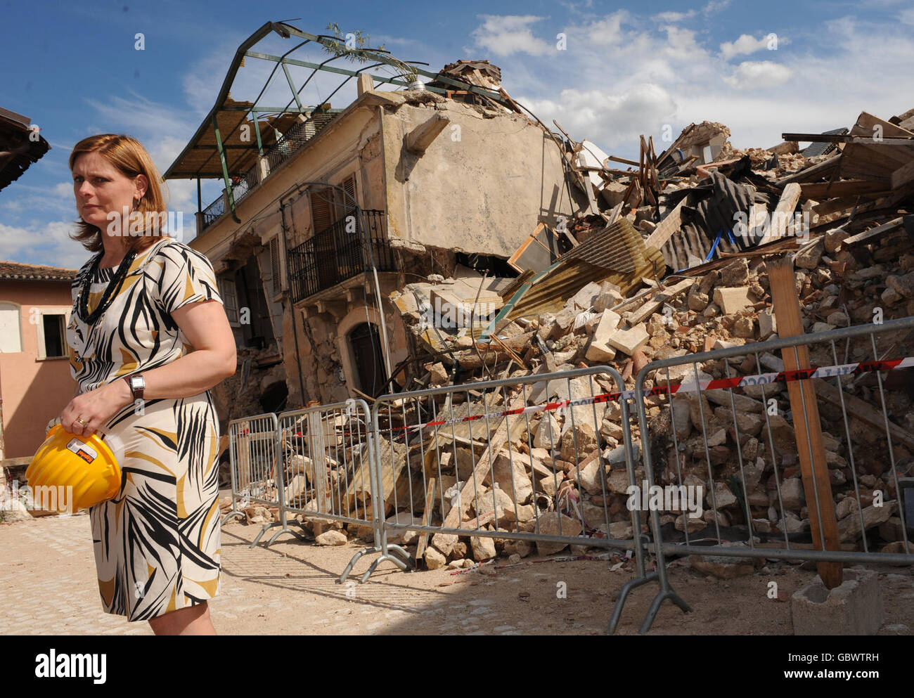 Sarah Brown visits the ruined village of Onna near L'Aquila, Italy which was at the epicentre of the earthquake which struck the region on April 6, 2009. Stock Photo