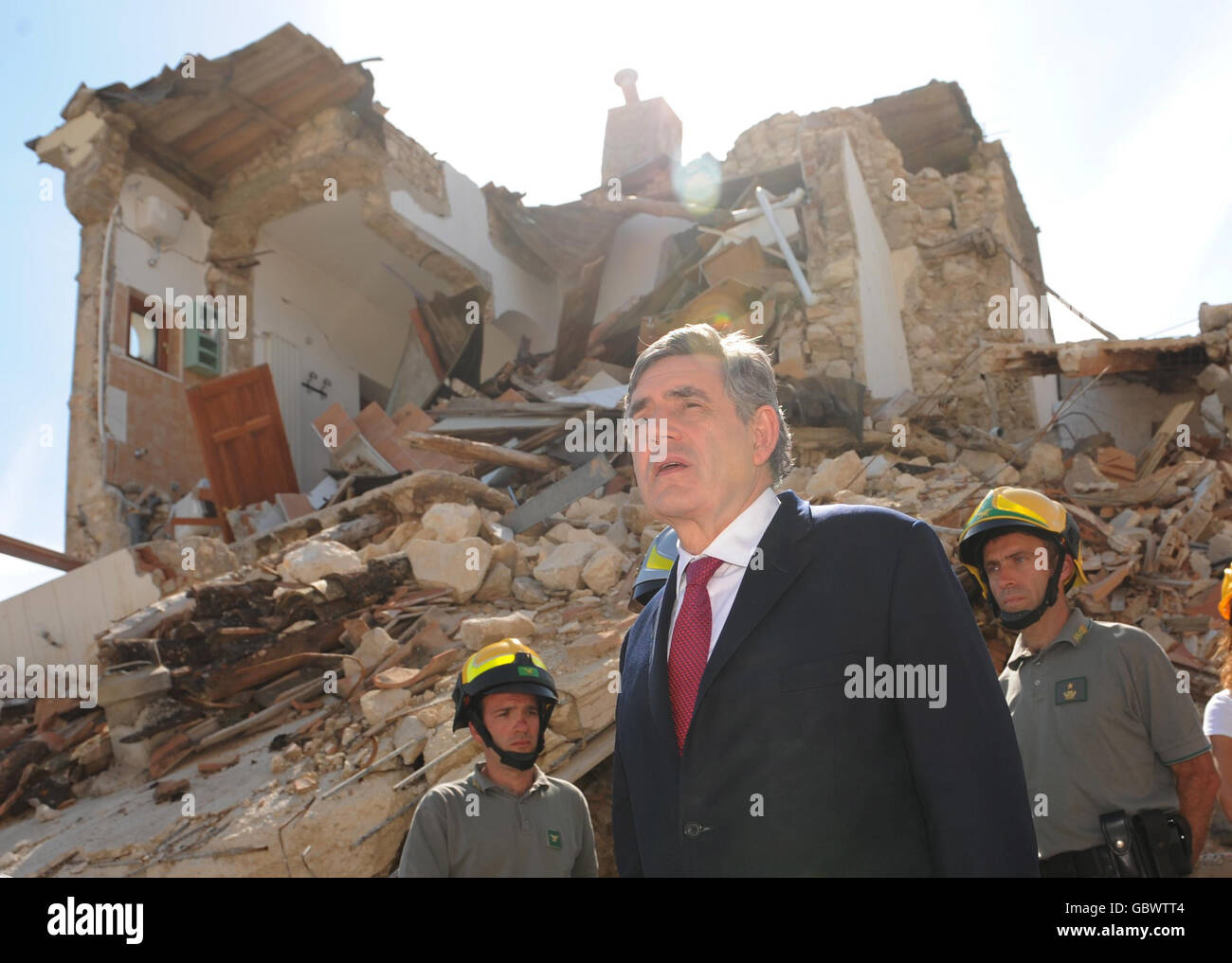 Prime Minister Gordon Brown visits the ruined village of Onna near L'Aquila, Italy which was at the epicentre of the earthquake which struck the region on April 6, 2009. Stock Photo