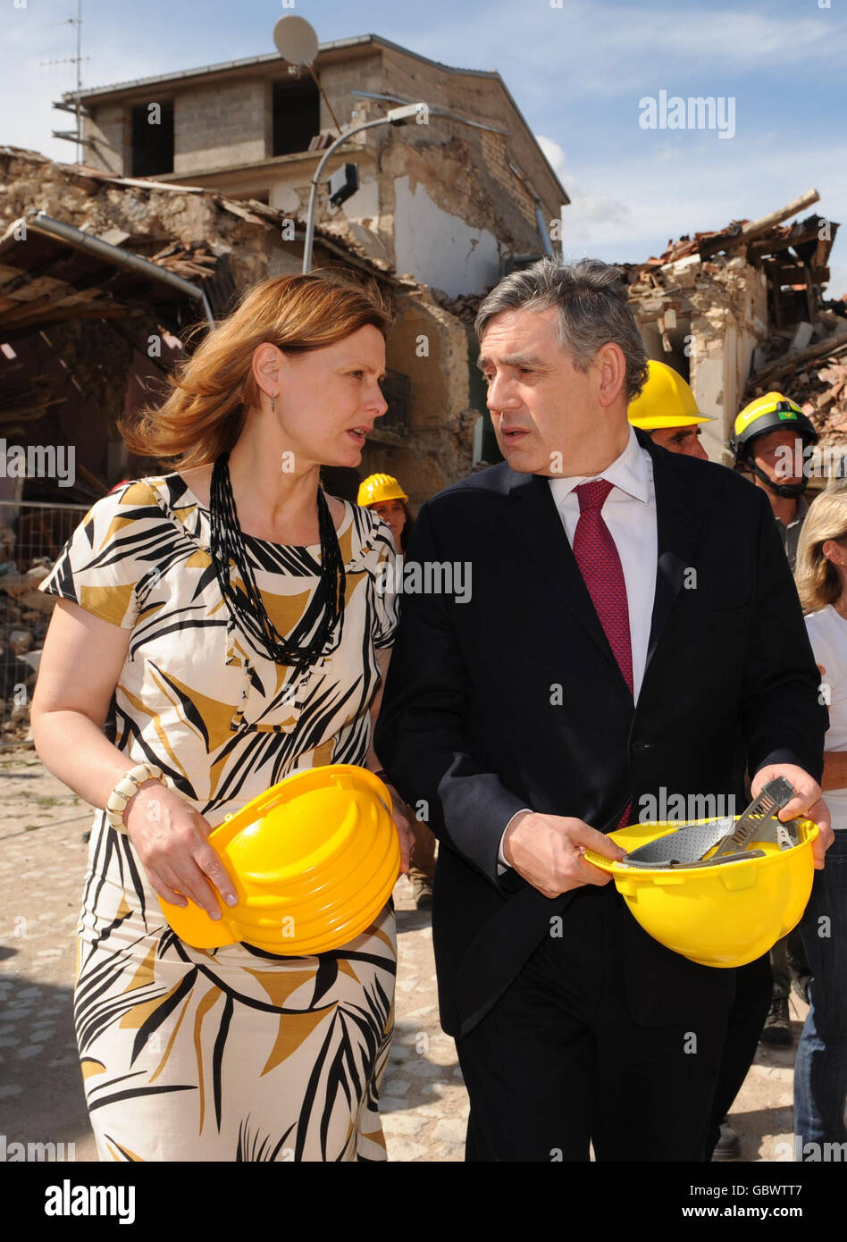 Prime Minister Gordon Brown (right) and his wife, Sarah Brown visit the ruined village of Onna near L'Aquila, Italy which was at the epicentre of the earthquake which struck the region on April 6, 2009. Stock Photo