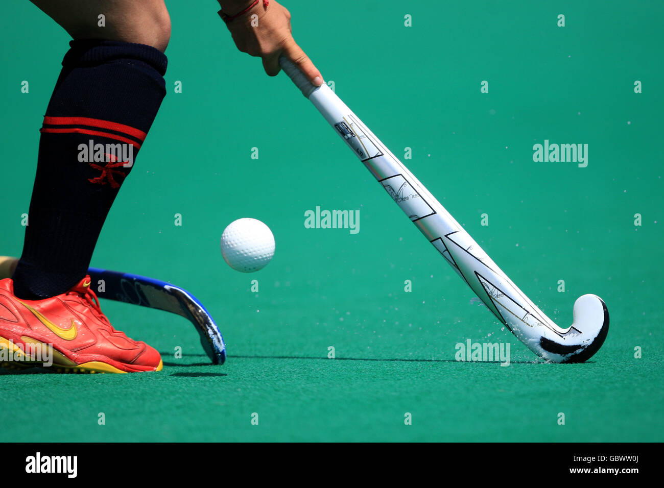 Hockey - International Friendly - England v Spain - Highfields Sports Centre. Two players battle for the ball Stock Photo