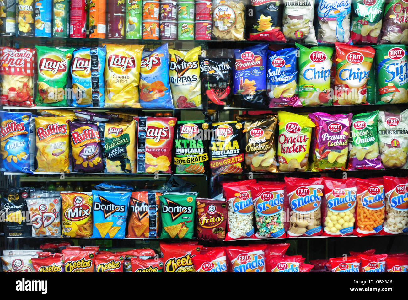 Snacks and Potato chips in a supermarket, Barcelona, Catalonia, Spain ...