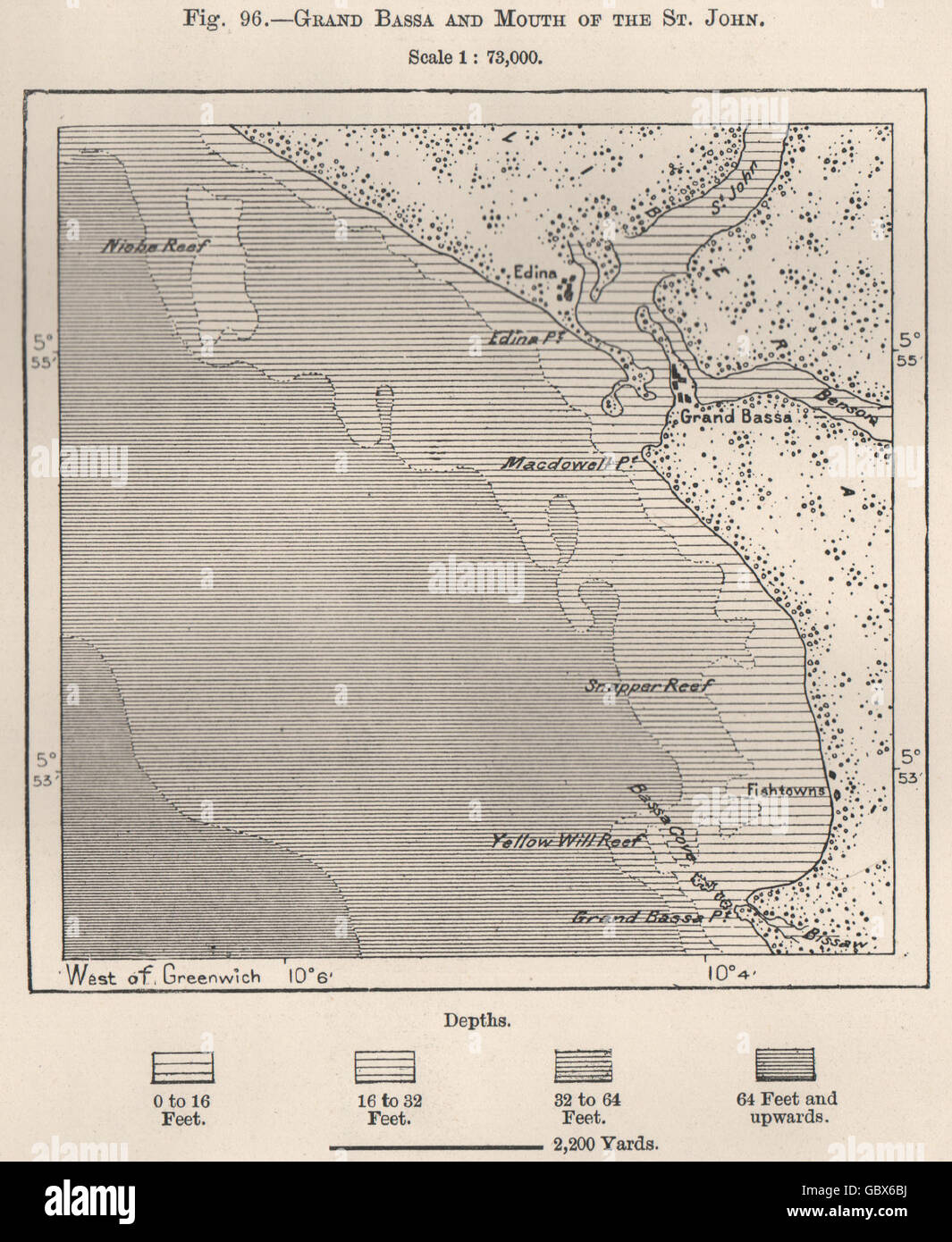 Grand Bassa (Buchanan) & mouth of the St. John. Liberia, 1885 antique map Stock Photo