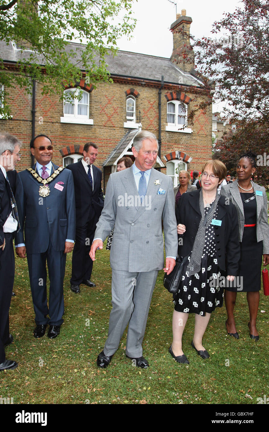 The Prince of Wales, patron of the Almshouse Association,during a visit to St Pancras almshouses in north London to celebrate the 150th anniversary of the Almshouses. Stock Photo