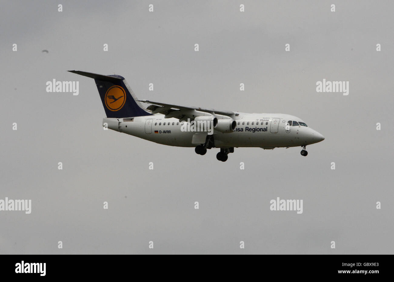 A Lufthansa Avro RJ85 plane lands at Heathrow Airport in Middlesex Stock Photo