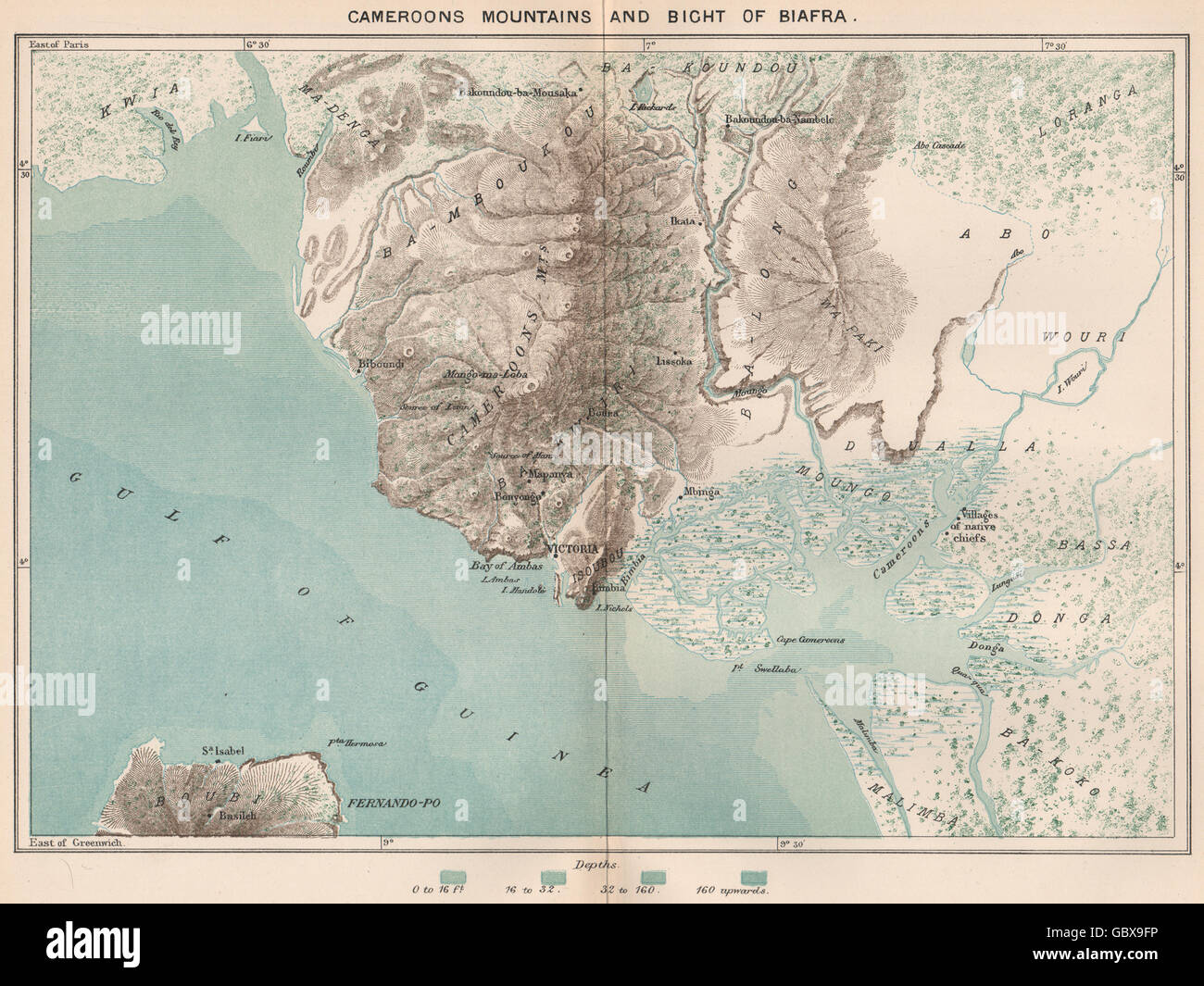 Cameroon Mountains and Bight of Biafra/Bonny. Bioko. Douala, 1885 antique map Stock Photo