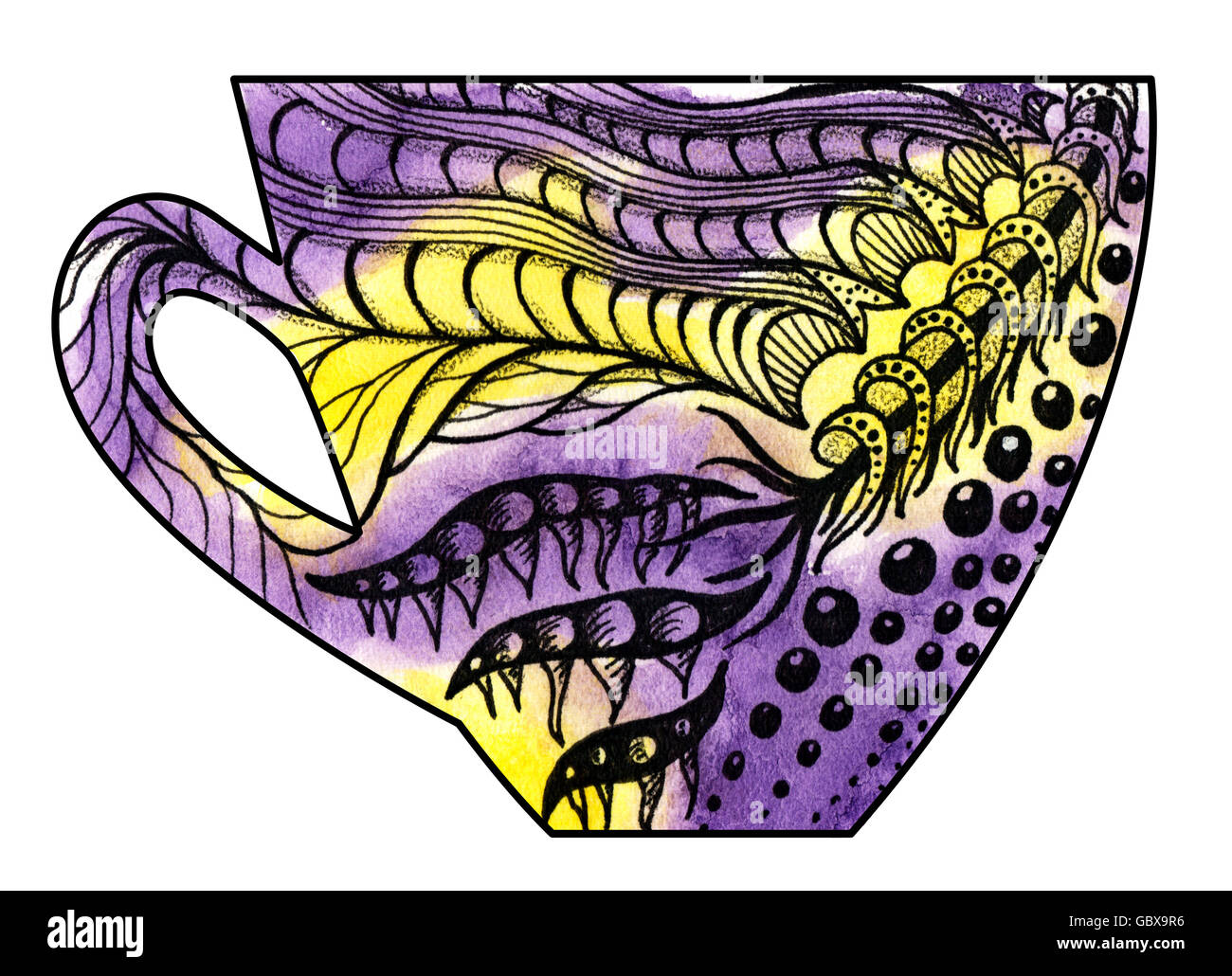Cup of tea and coffee. Handmade. Watercolor, Mixed media. Cut paper. Tea time. Yellow Purple. Abstract drawing Stock Photo
