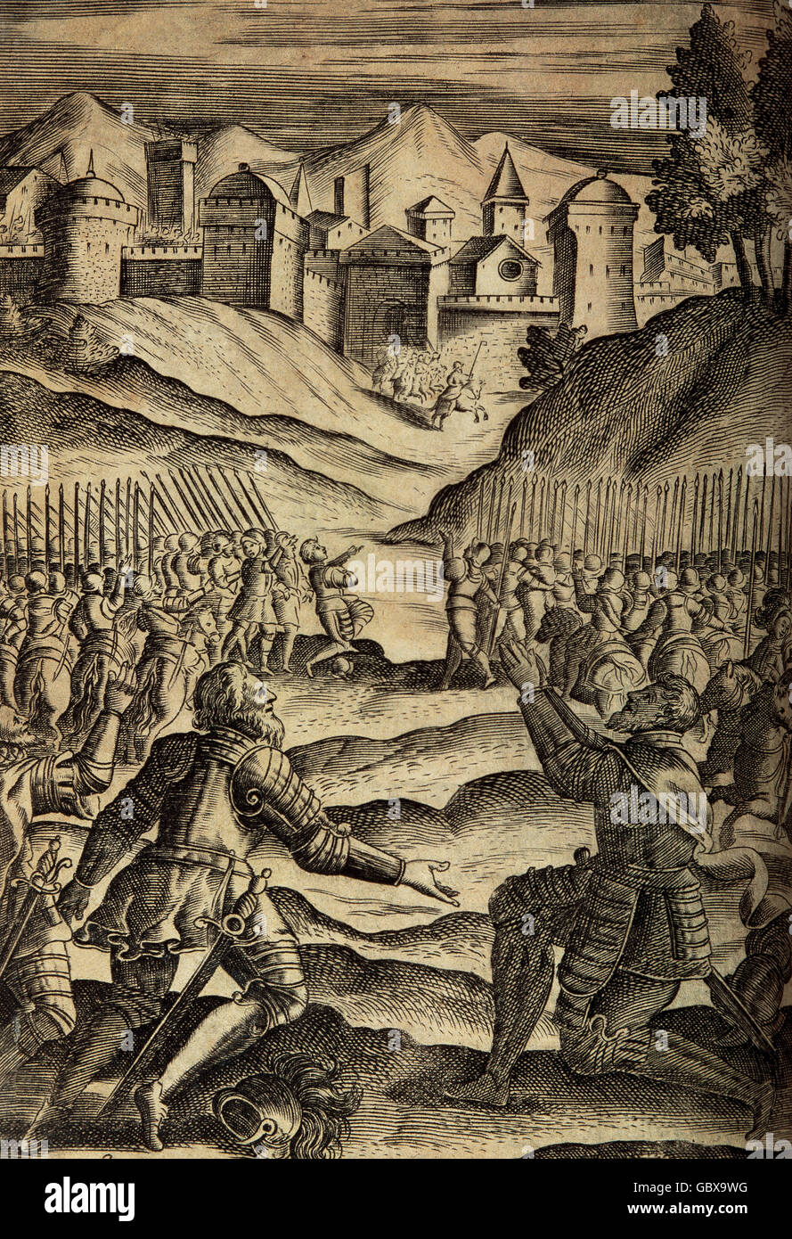 Torquato Tasso (1544-1595). Italian poet. La Gerusalemme Liberata (Jerusalem Delivered), 1580. Engraving. Stock Photo