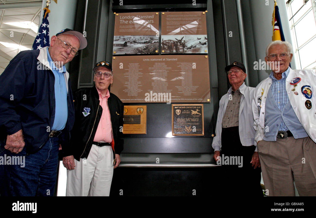 Band of Brothers veterans of Easy Company 506th Parachute Infantry Regiment (from left to right) Buck Compton, Ed Tipper, Bradford Freeman, Donald Malarkey, as they attend the formal unveiling of a memorial plaque at Stansted Airport, Essex, commemorating those who served from the airport during WWII. Stock Photo