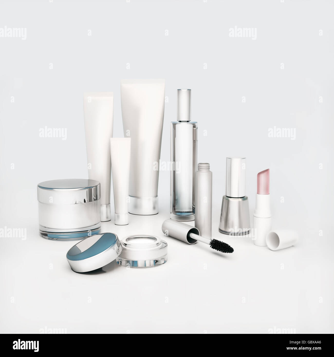 A face cream, skin cream round eyes, serum and lip balm, lipstick