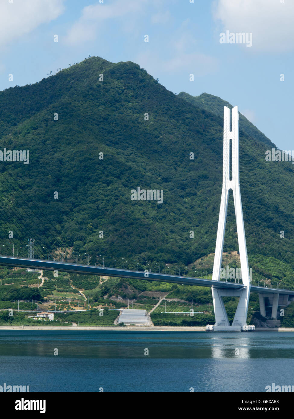 Tatara Bridge connecting the islands of Omishima and Ikuchi in the Seto Inland Sea between Honshu and Shikoku. Stock Photo