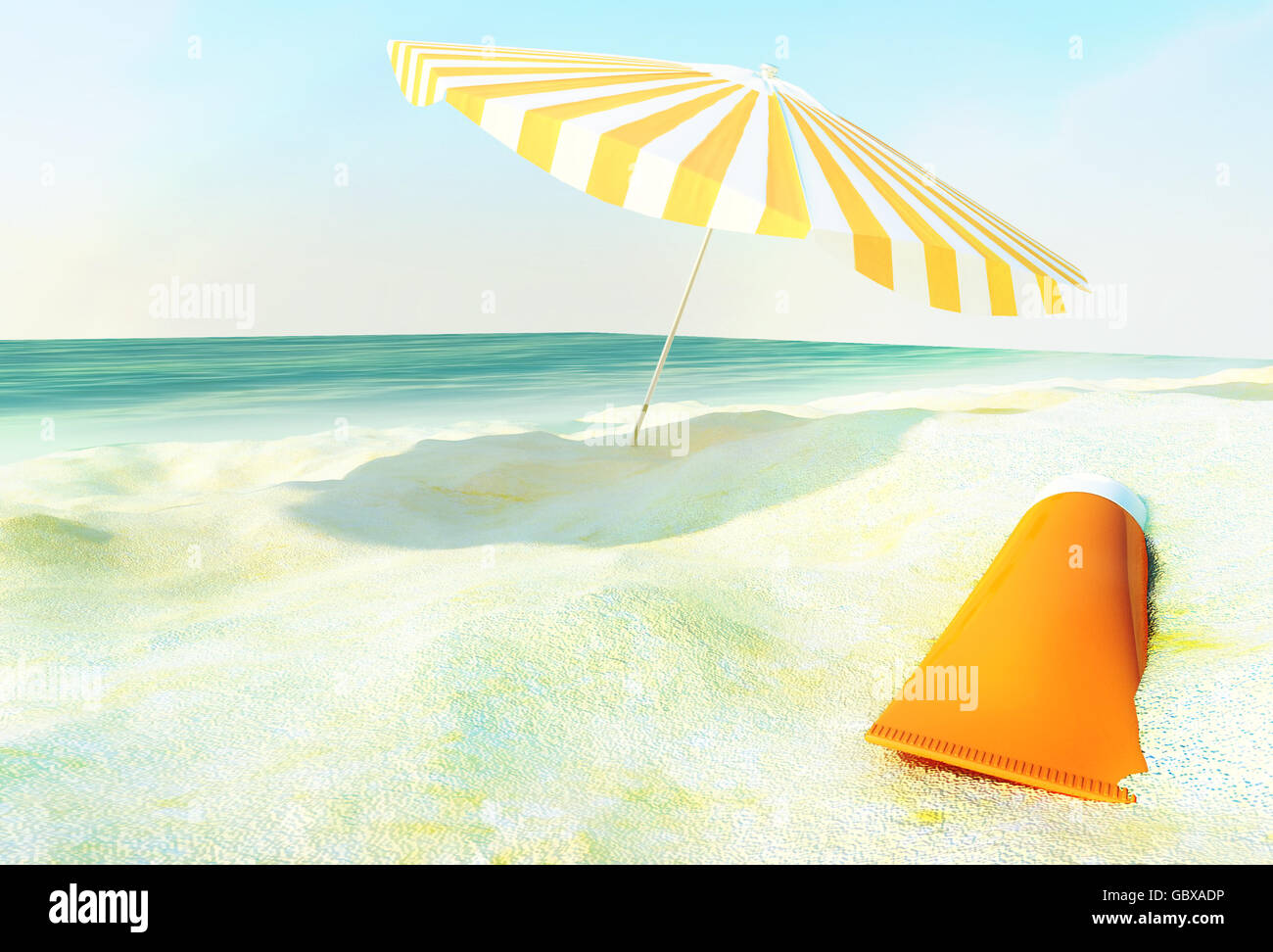 Beach scene with sunscreen and sun umbrella against ocean background. Stock Photo