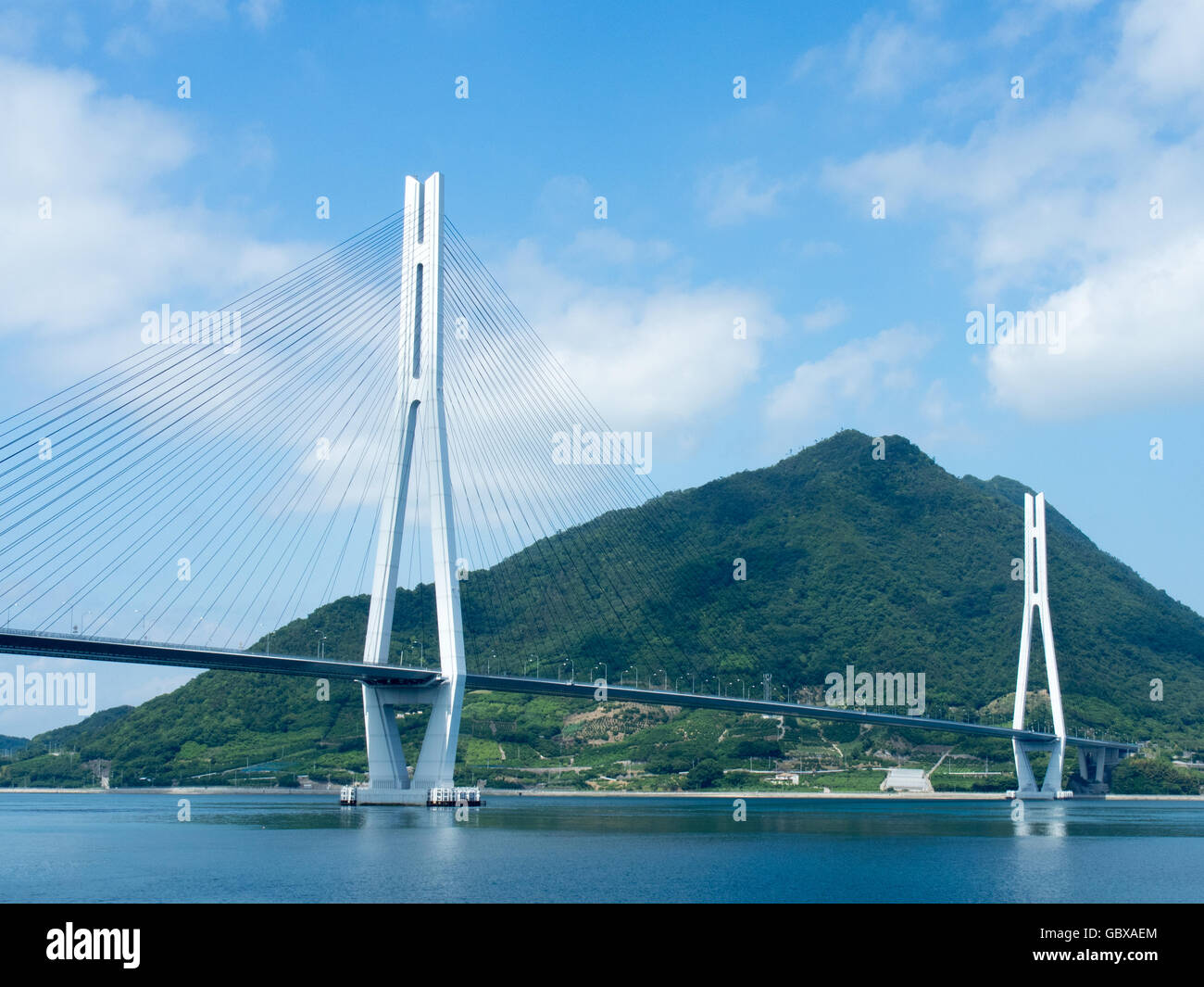 Tatara Bridge connecting the islands of Omishima and Ikuchi in the Seto Inland Sea between Honshu and Shikoku. Stock Photo