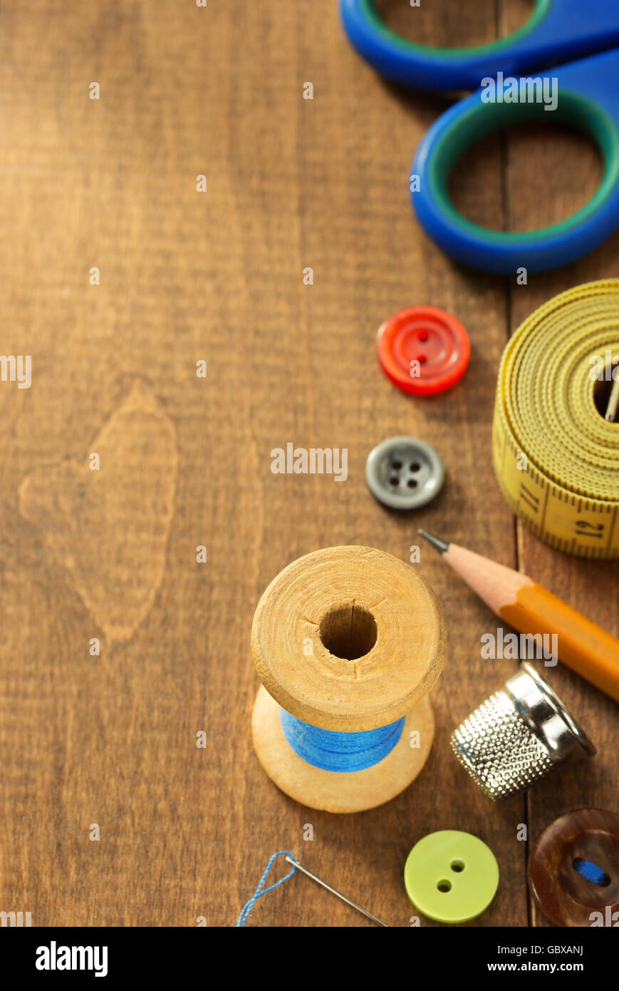 sewing tools and accessories on table background Stock Photo Alamy