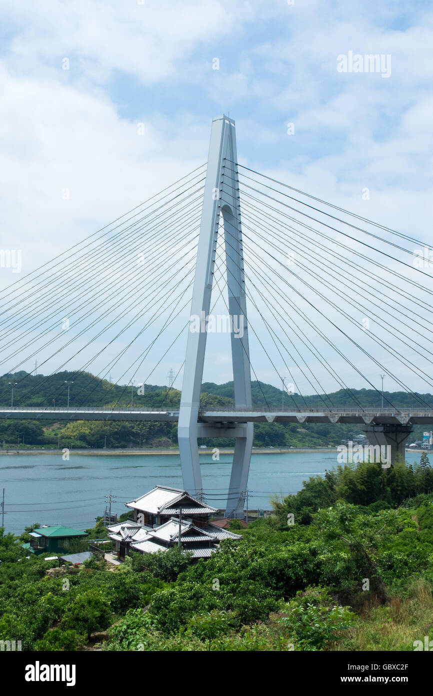 Ikuchi Bridge connecting the islands of Innoshima and Ikuchi in the Seto Inland Sea between Honshu and Shikoku. Stock Photo