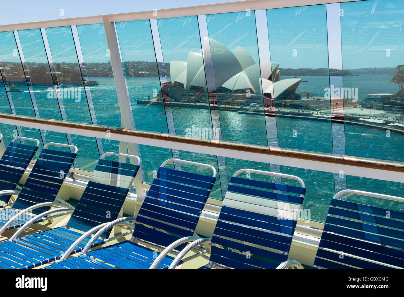 Cruise ship deck and loungers, Sydney Opera House, Australia Stock Photo