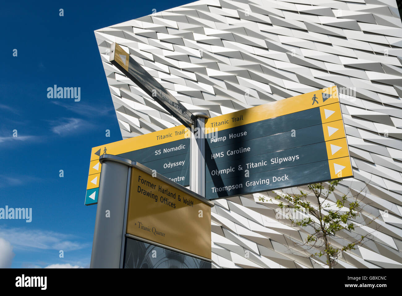 Close up of tourist sign posts at Titanic Belfast visitor centre, Northern Ireland Stock Photo