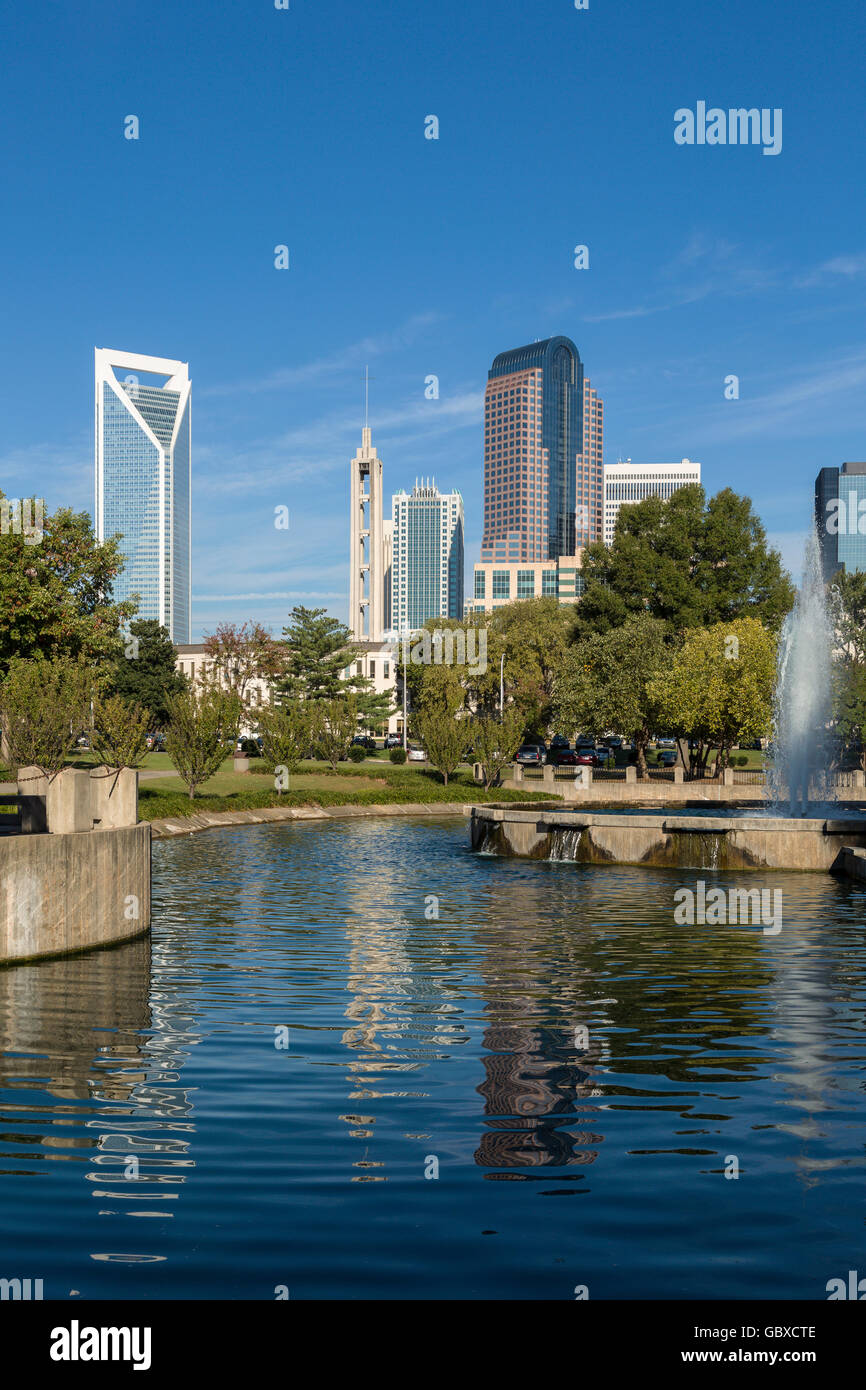 Charlotte skyline reflected in water, NC, USA Stock Photo