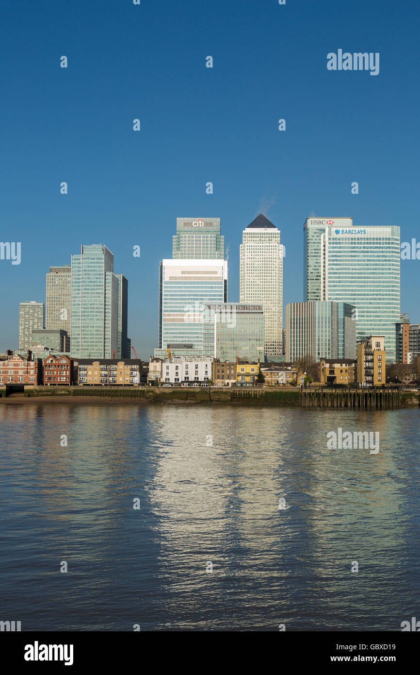 Canary Wharf skyline business district, banks, London, England Stock Photo