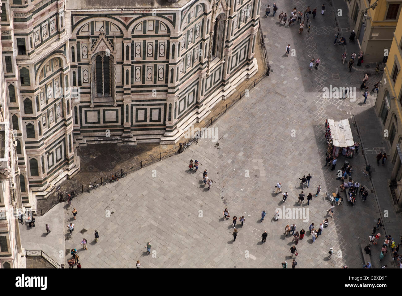 Looking down on people in the Piazza Duomo from the bell tower of the cathedral Santa Maria del Fiore, Florence, Tuscany, Italy Stock Photo