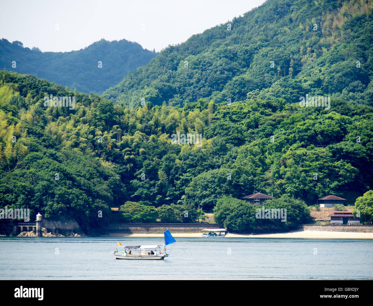 Two small traditional Japanese fishing boats in the Seto Inland Sea. Stock Photo