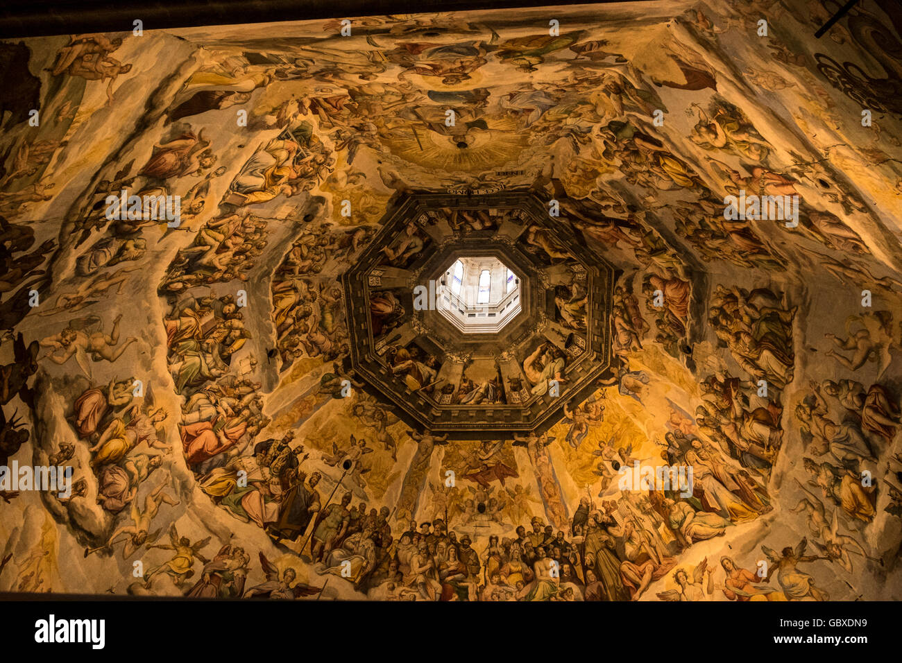 Looking up into il duomo, the dome cieling, cathedral of Santa Maria del Fiore, Florence, Tuscany, Italy Stock Photo