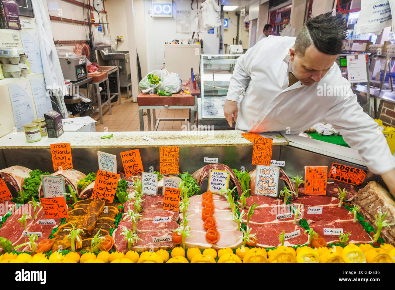 England, Oxfordshire, Oxford, The Covered Market, Butcher's Shop Window Display Stock Photo