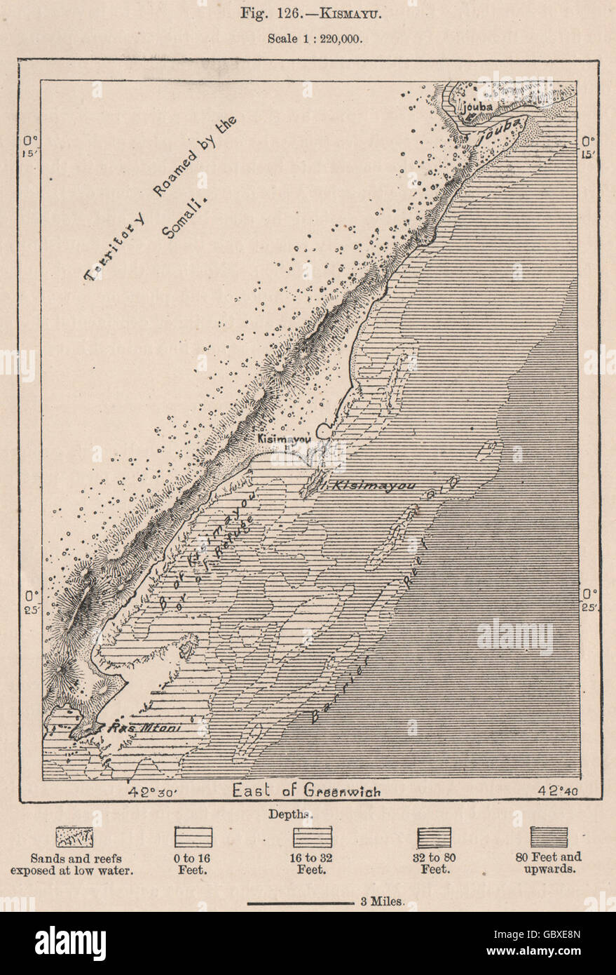 Kismayo. Somalia, 1885 antique map Stock Photo