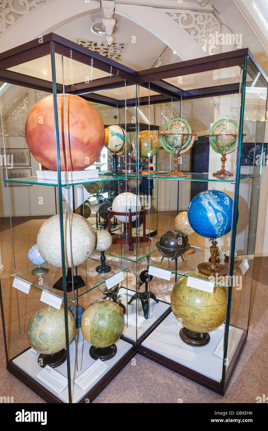 England, Cambridgeshire, Cambridge, Whipple Museum of the History of Science, Display of Historical Globes Stock Photo