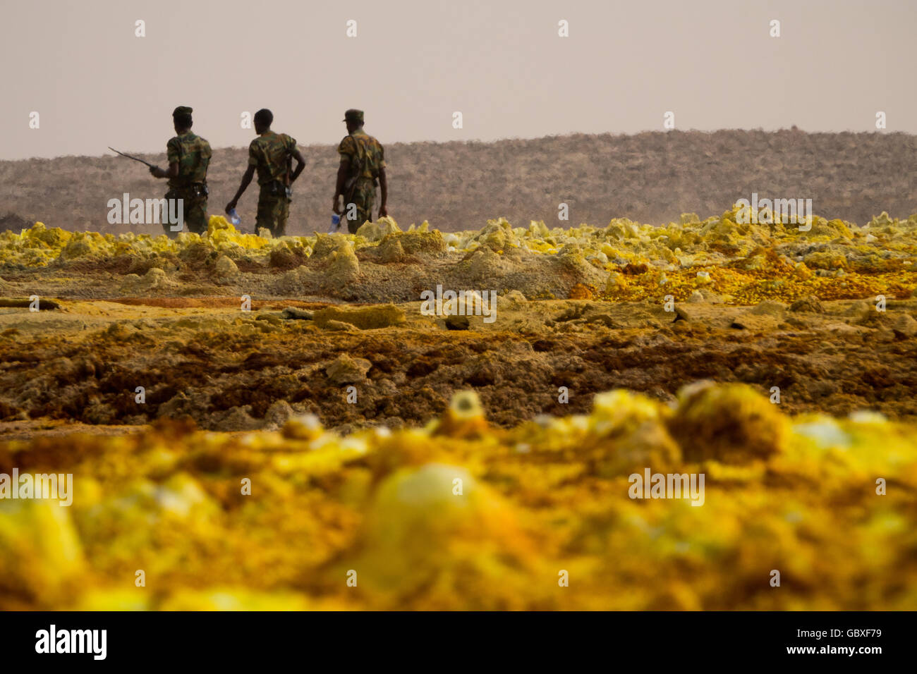 soldiers patrol Dallol, a popular tourist attraction in the Danakil Depression in Ethiopia, near the Eritrean border Stock Photo