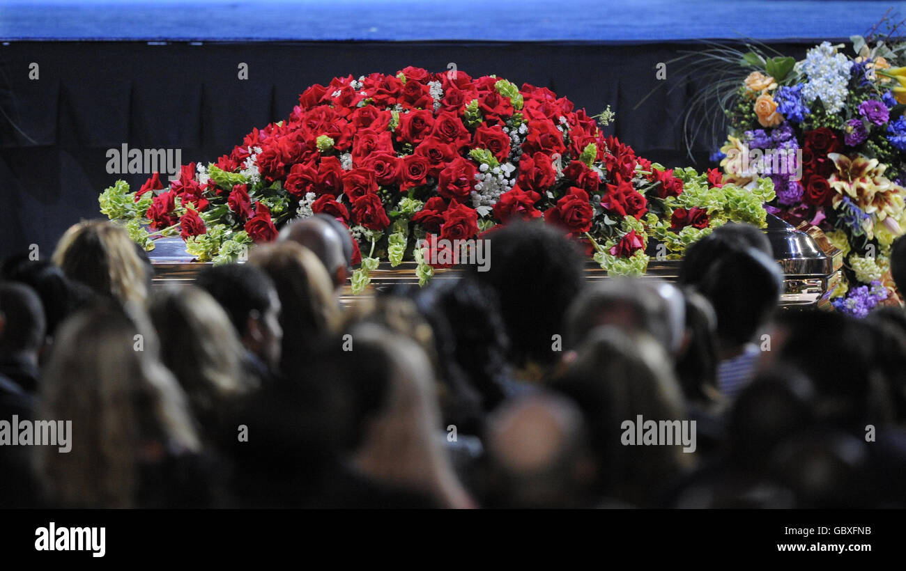 Michael Jackson's casket sits in front of the stage during his memorial
