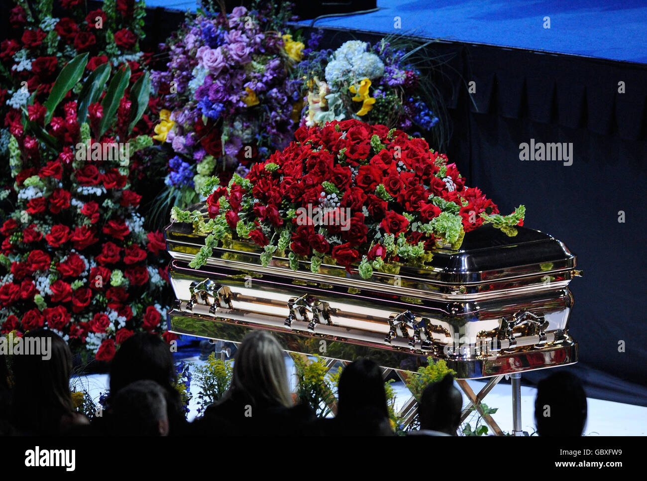 The casket is displayed during a memorial service for Michael Jackson at the Staples Center in Los Angeles. Stock Photo