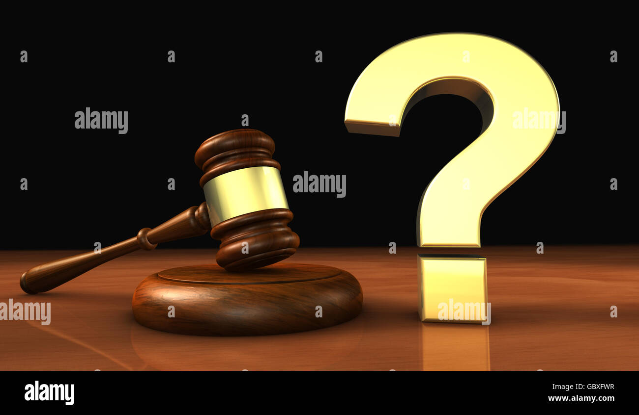Law and legal questions concept 3d illustration with a golden question