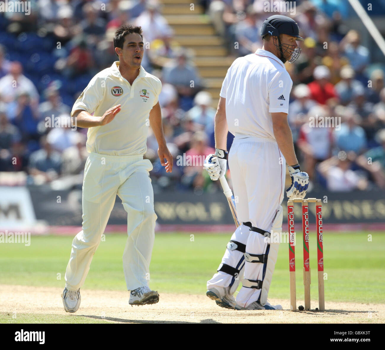 Australia's Mitchell Johnson (left) celebrates taking wicket of England's Andrew Flintoff as he looks back at the slips during day Five of the first npower Test match at Sophia Gardens, Cardiff. Stock Photo