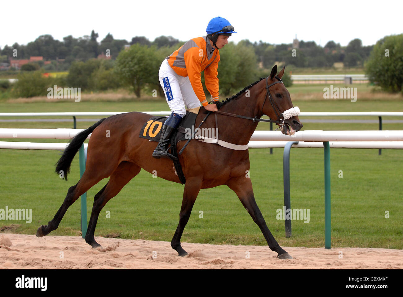 Horse Racing, Southwell Races. Amalfi Storm ridden by Oliver Greenall goes to post Stock Photo