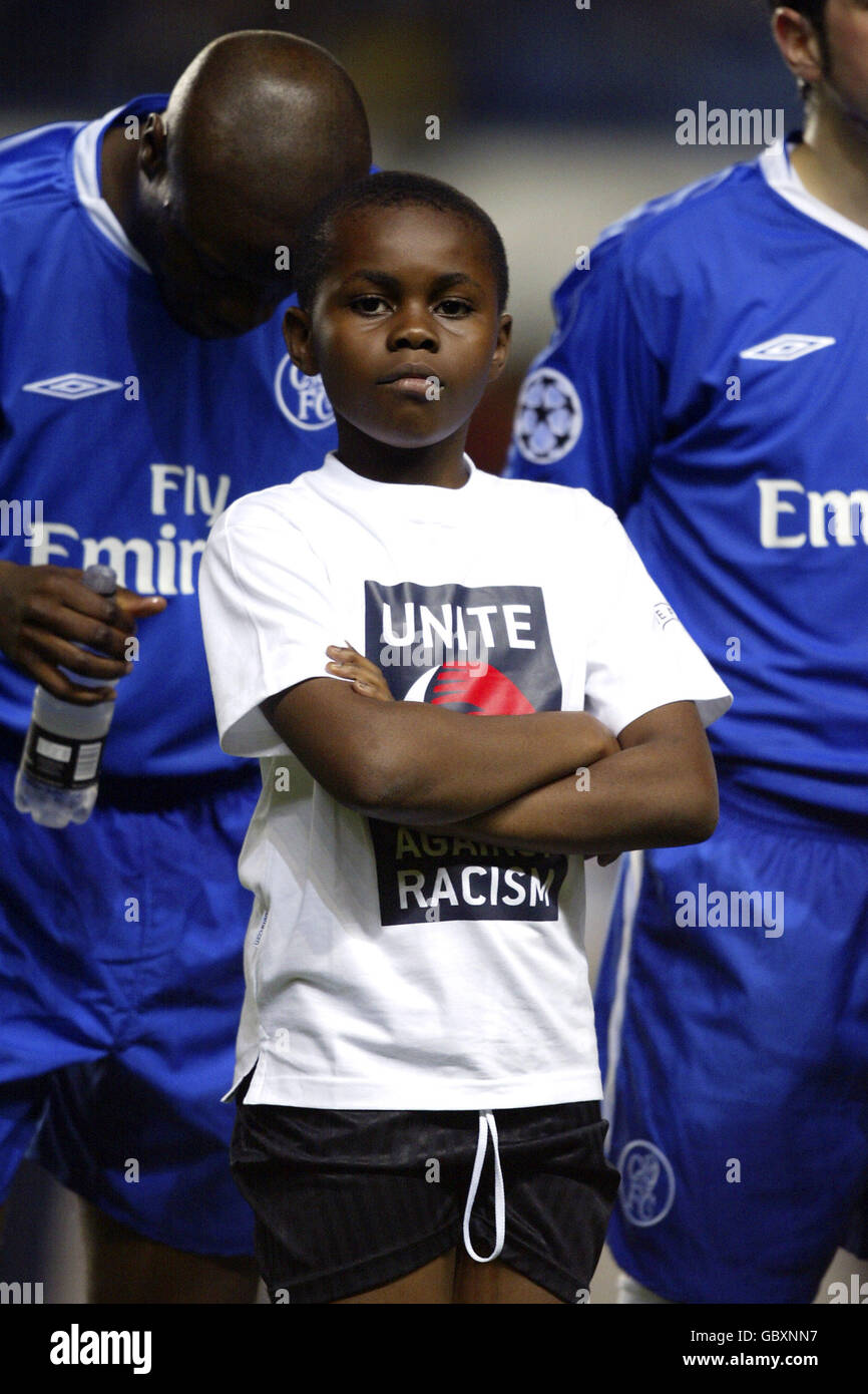 Soccer - UEFA Champions League - Group H - Chelsea v CSKA Moscow. A mascot wearing a Unite against racism t-shirt Stock Photo