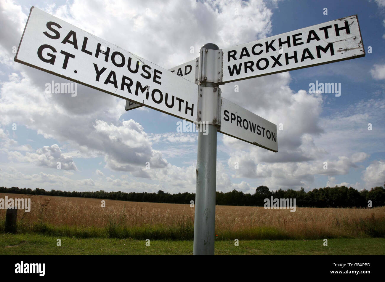 A road sign points the way to Rackheath in Norfolk, where the government has given the go ahead to a new eco town. Stock Photo