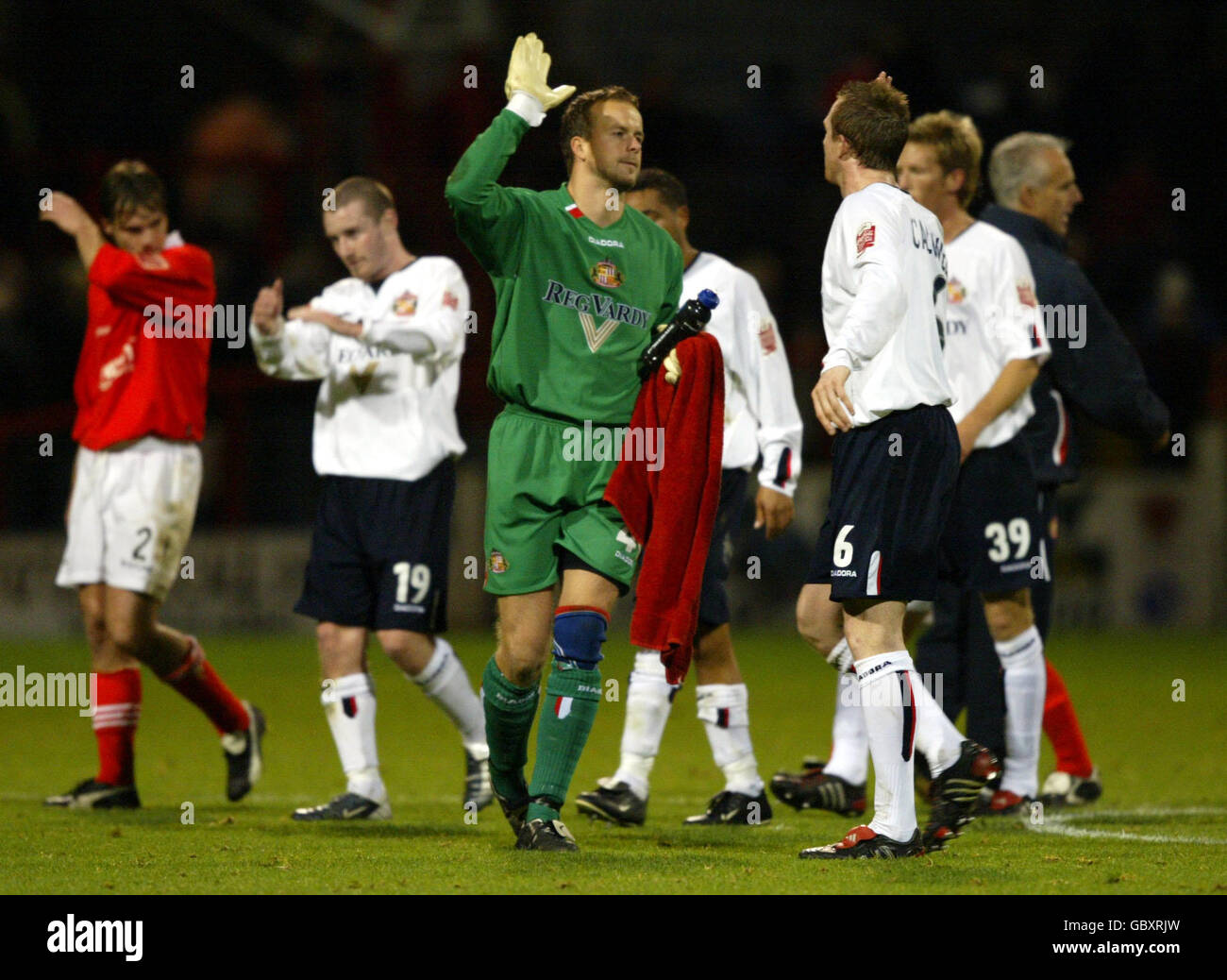 Sunderland's goalkeeper Thomas Myhre celebrates the win against Rotherham United's with Stephen Caldwell Stock Photo