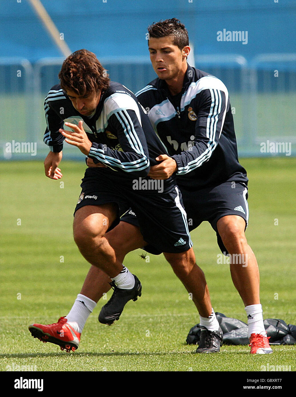 Real Madrid's Cristiano Ronaldo (right) and Raul during the training ...