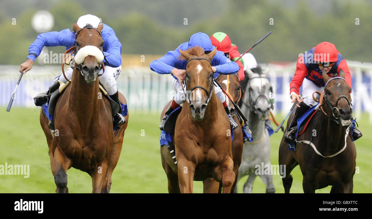 Crime Scene ridden by Ahmed Ajtebi (left) goes on to win The Shadwell Beech House Stud Stakes during Weatherbys Super Sprint Day at Newbury Racecourse, Berkshire. Stock Photo