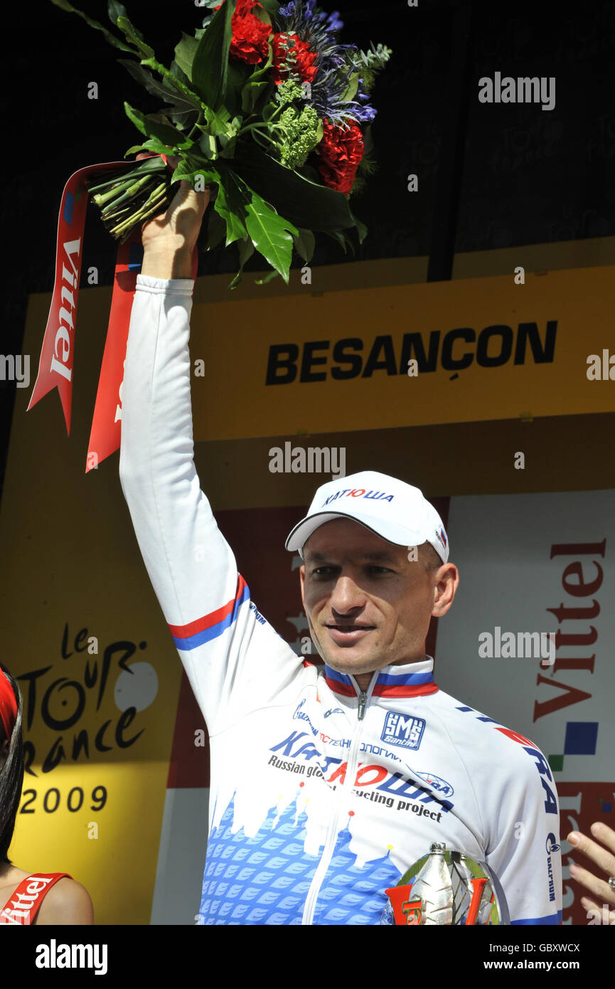 Cycling - Tour de France 2009 - Stage Fourteen. Sergei Ivanov waves on the podium during the fourteenth stage of the Tour de France. Stock Photo