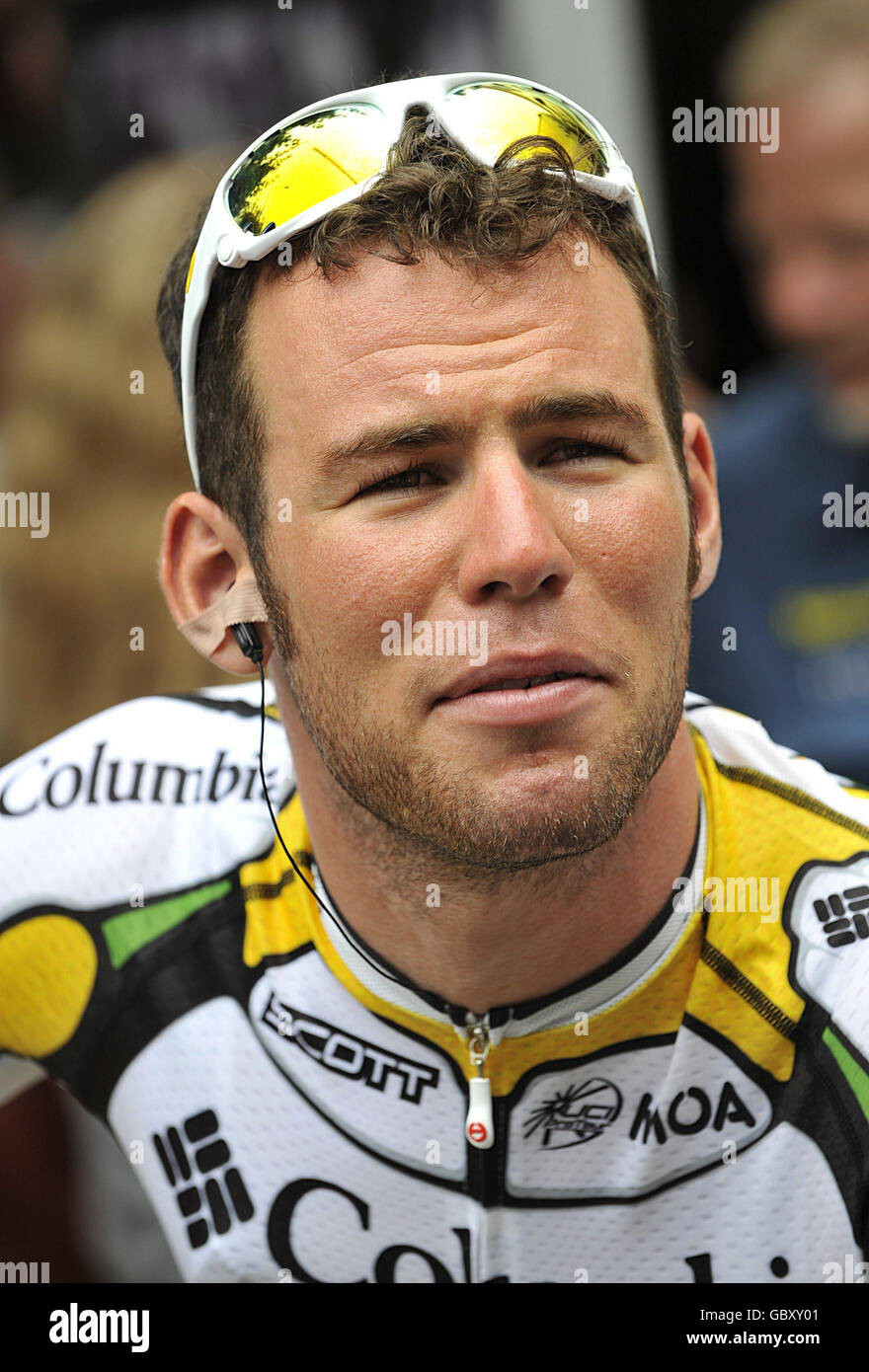 Team Columbia's Mark Cavendish before the start of the sixteenth stage of the Tour de France between Martigny and Bourg-Saint-Maurice, France. Stock Photo