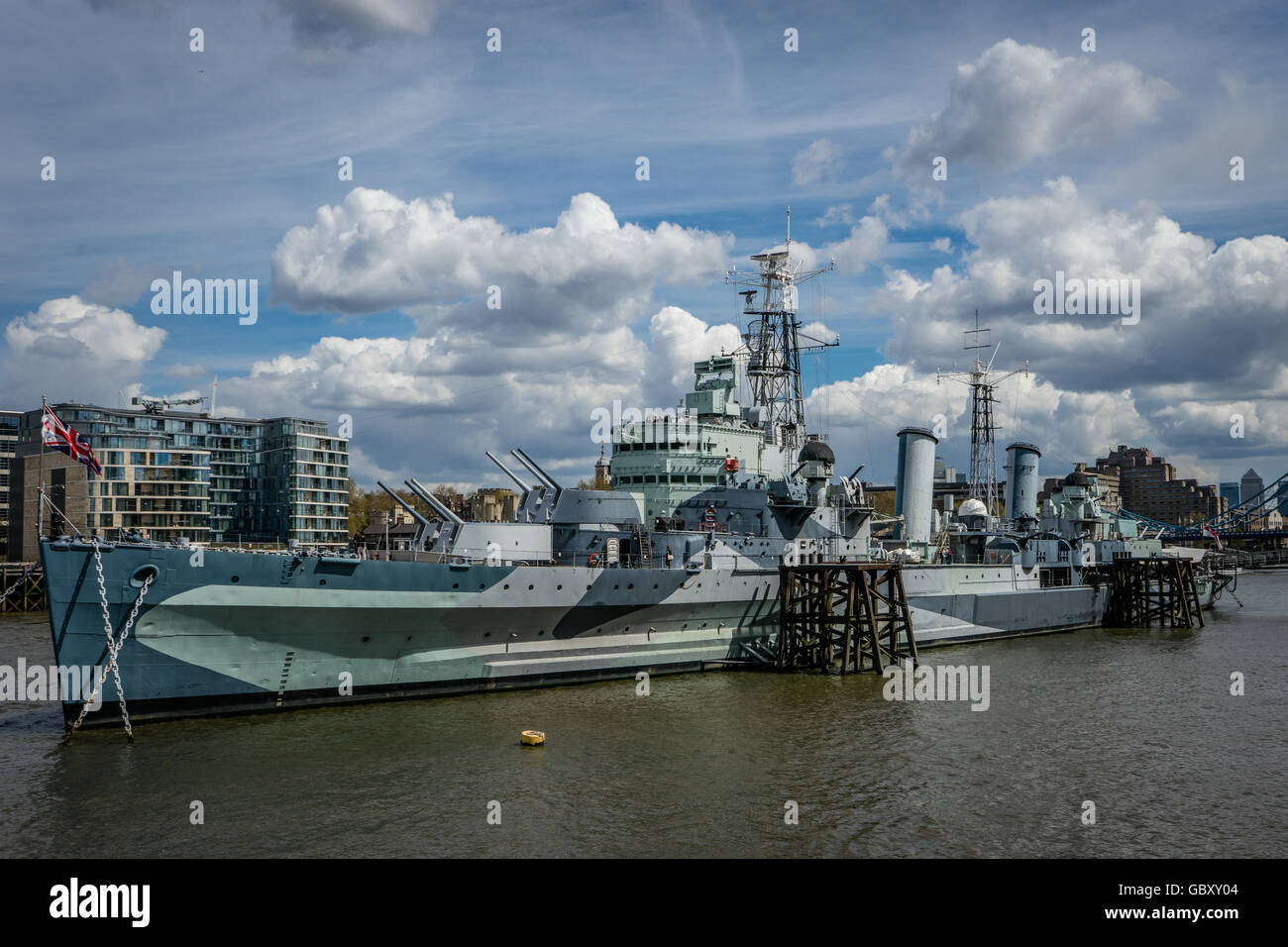 HMS Belfast, a World War Two cruiser permanently moored on the River Thames in London Stock Photo